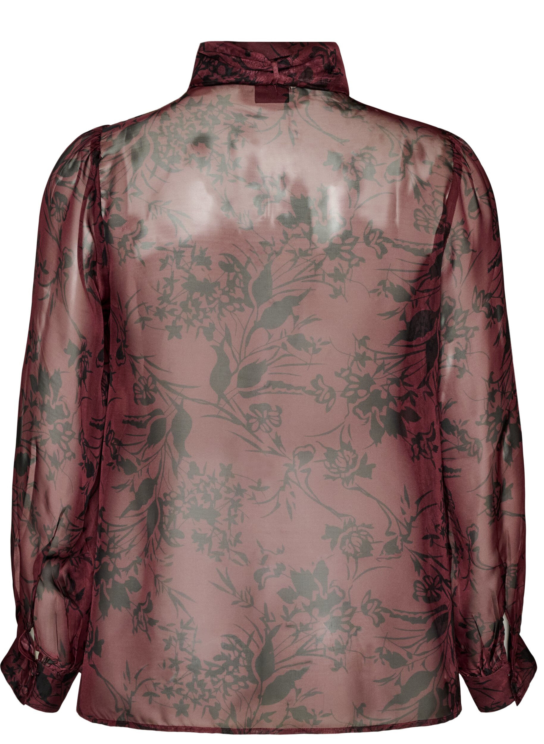 ZizziGjennomsiktig skjortebluse med blomsterm&oslash;nster og knytedetalj, M&oslash;rk Bordeaux, Packshot image number 1