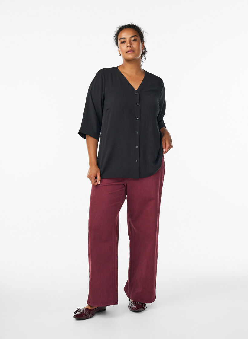 Skjortebluse med v-hals og 3/4 ermer, Svart, Model image number 1
