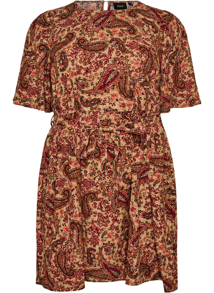 Kjole med paisleytrykk og knytebelte, Brun, Packshot image number 0
