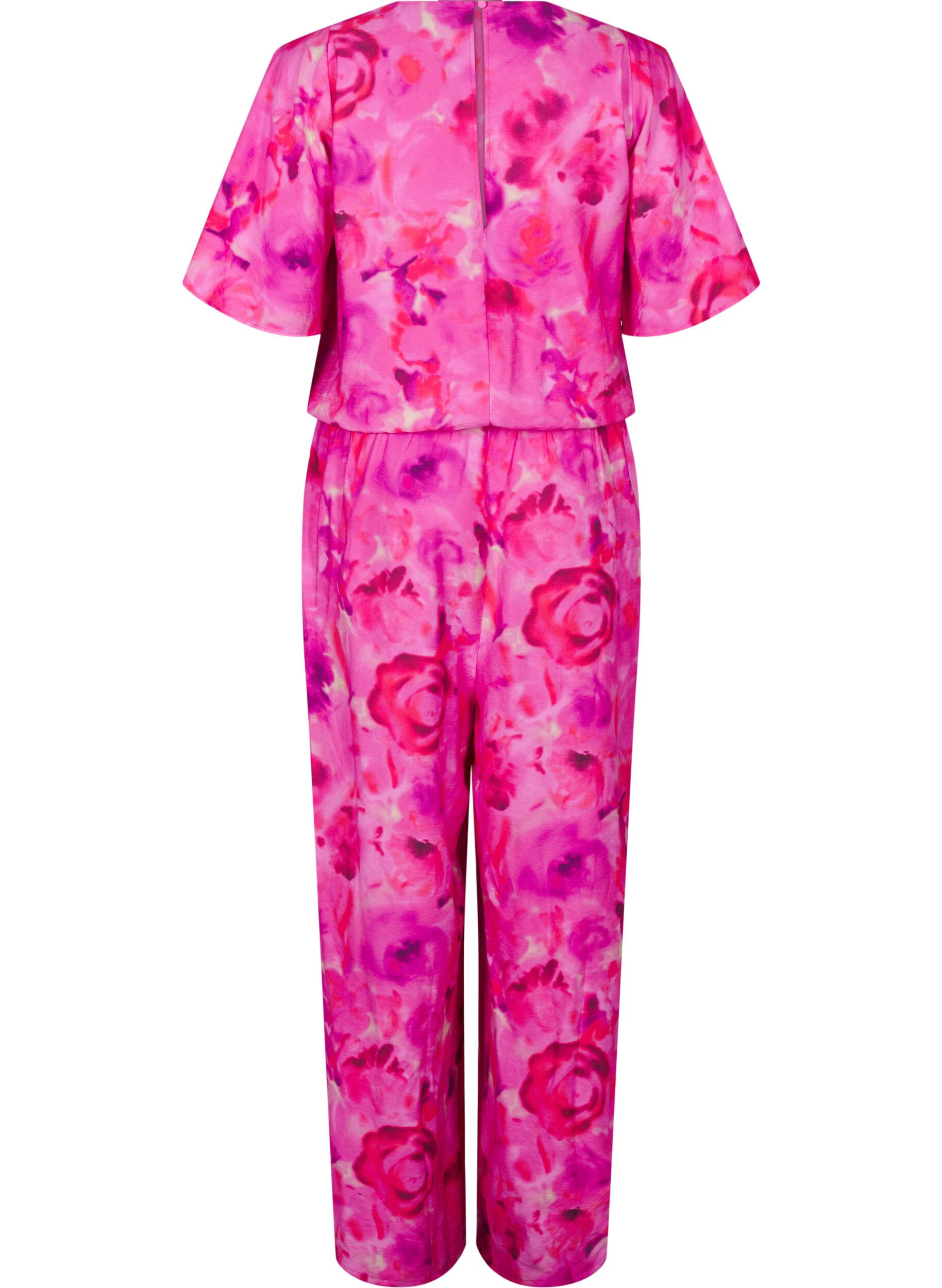 Zizzi Blomstret jumpsuit med flaggermusermer, Pink Rose AOP, Packshot image number 1