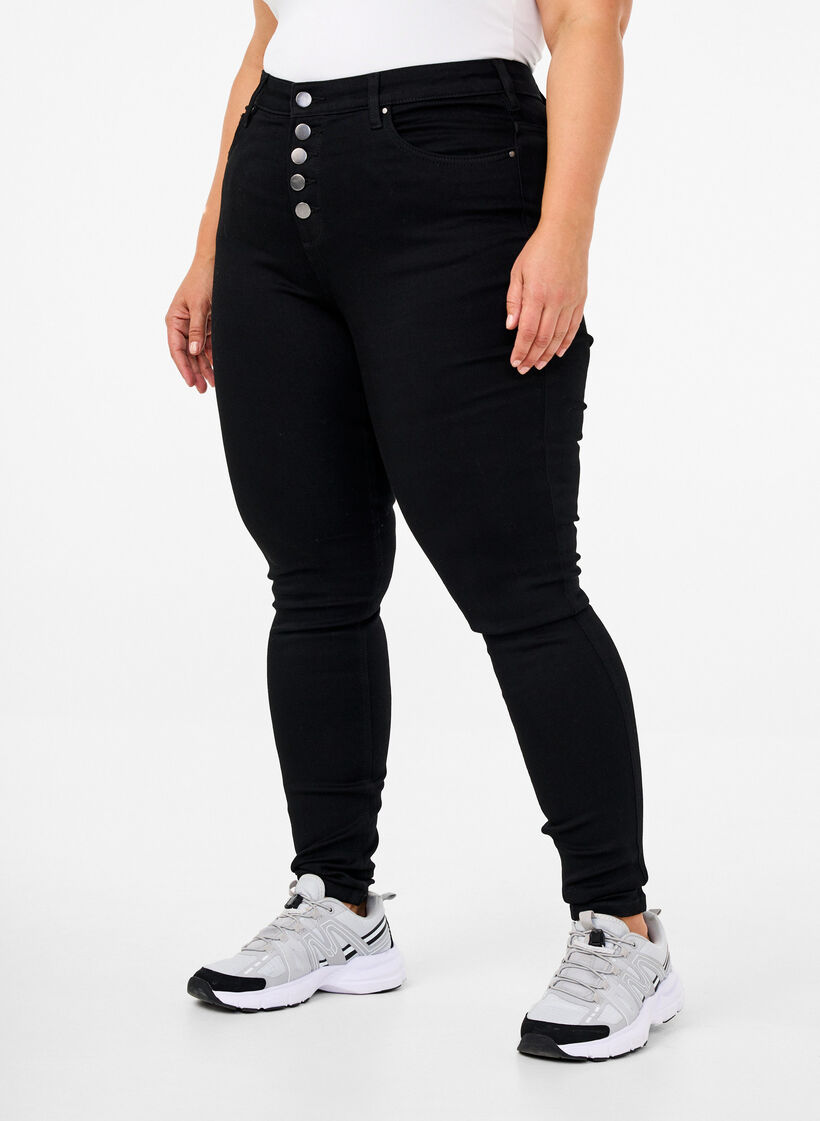 Amy-jeans med høyt liv og knappelukking, Black, Model image number 2