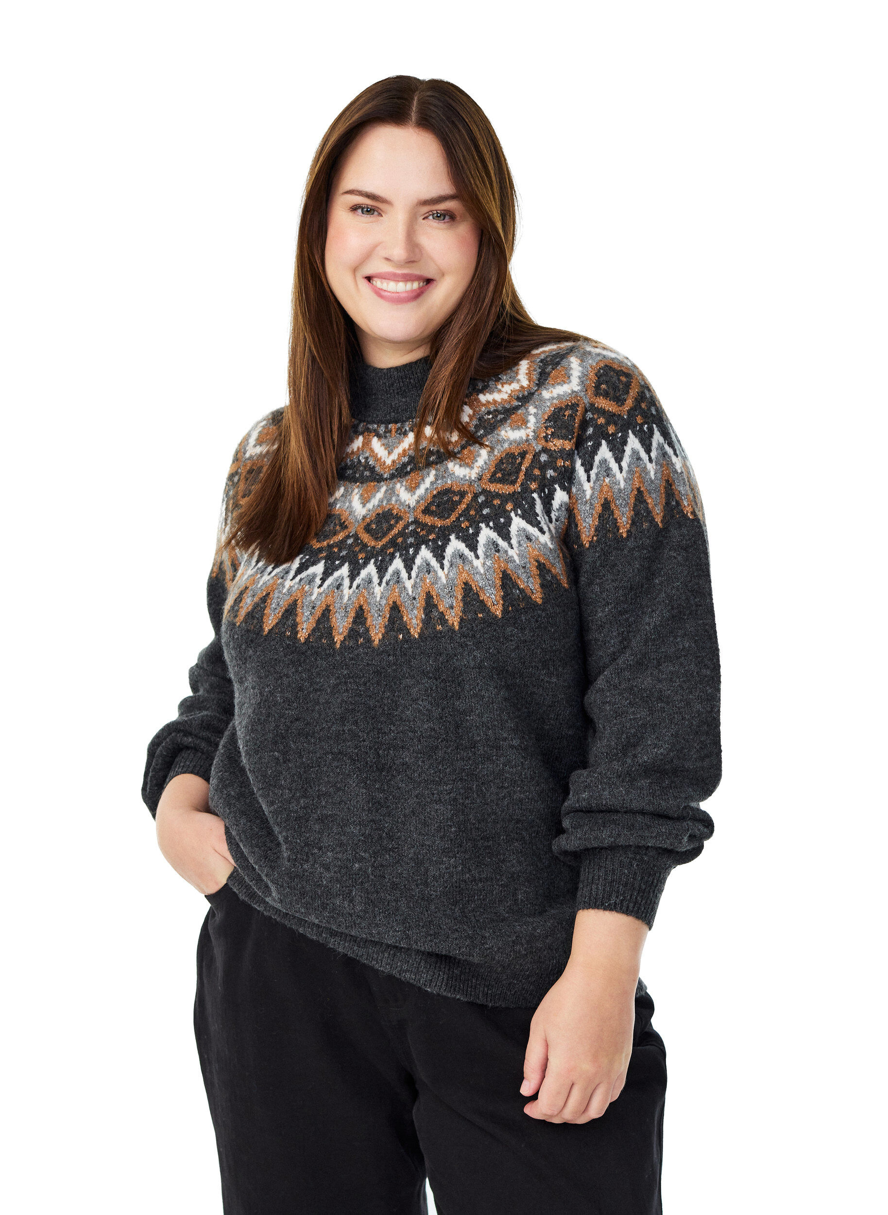 Strikkebluse med m&oslash;nster og h&oslash;y hals, Gr&aring;, Model