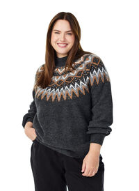 Strikkebluse med mønster og høy hals, Grå Strikkebluse med mønster og høy hals, Grå, Model