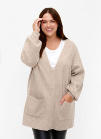 Strikket cardigan med glidelås og lommer, Simply Taupe Mel., Model