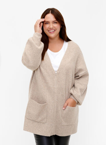 Strikket cardigan med glidelås og lommer, Simply Taupe Mel., Model image number 0