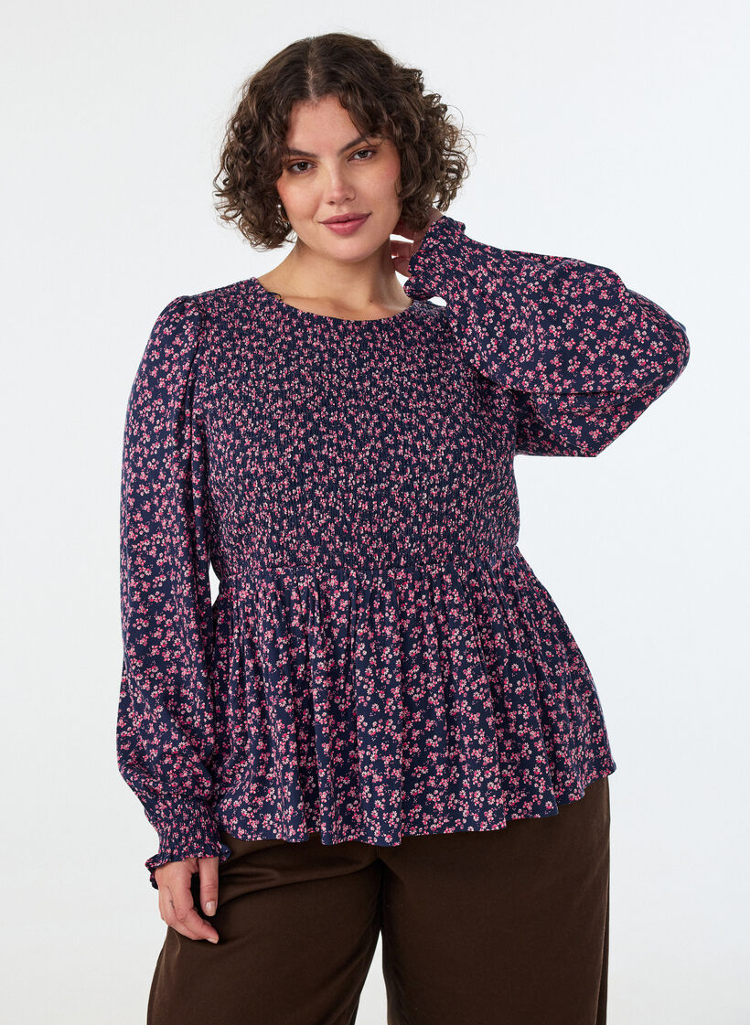 Bluse med smocket topp og blomstertrykk, Bl&aring;, Model image number 2