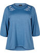 Bluse med blomsterbroderi og 3/4 ermer, Copen Blue Melange, Packshot image number 0