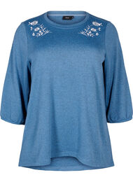 Bluse med blomsterbroderi og 3/4 ermer, Copen Blue Melange