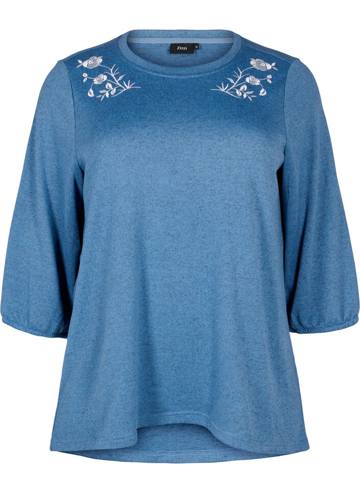 Bluse med blomsterbroderi og 3/4 ermer, Copen Blue Melange, Packshot image number 0