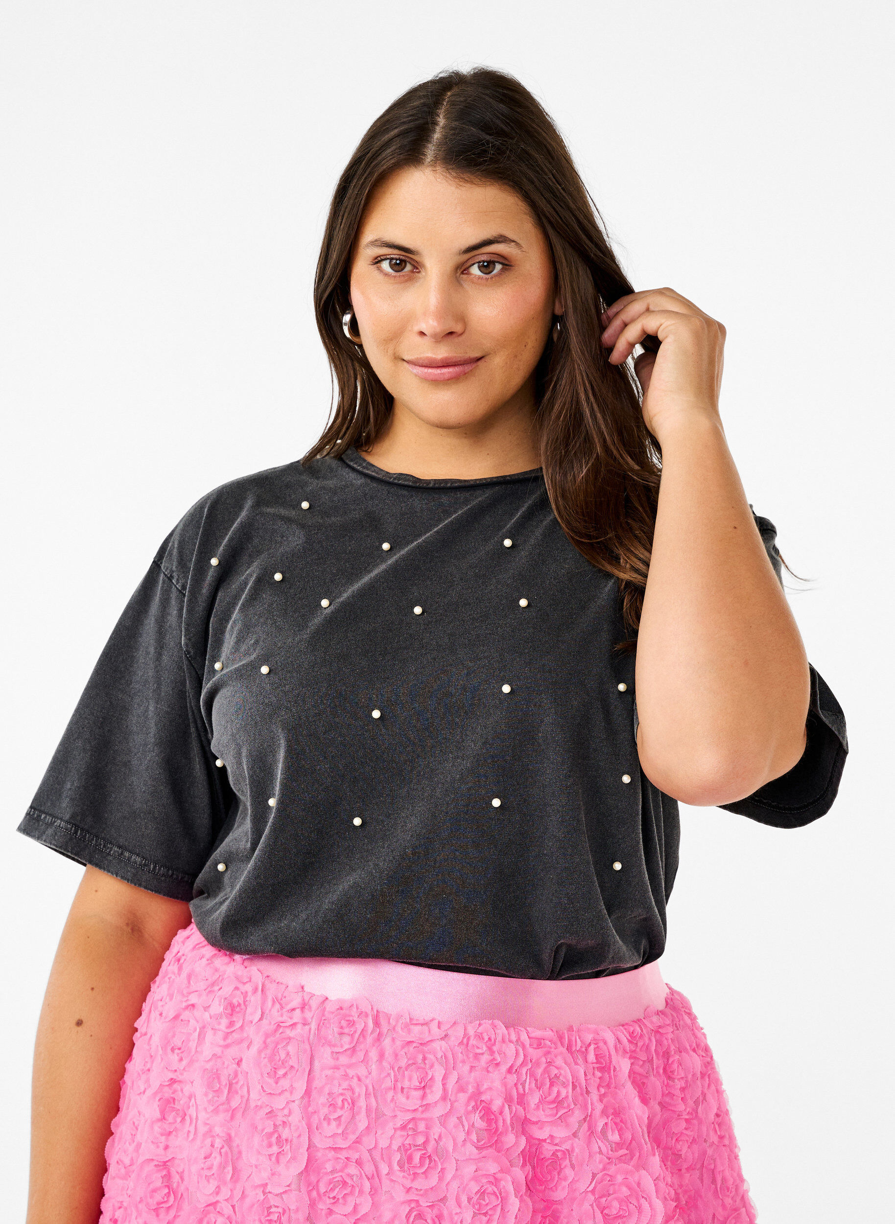 Zizzi T-skjorte med perler, Grey washed, Model image number 0