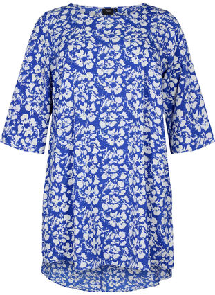 Mønstrete kjole med 3/4-ermer, Blue White Flower, Packshot image number 0