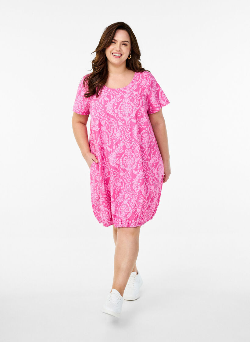 Kortermet bomullskjole med trykt m&oslash;nster, Rosa, Model image number 1