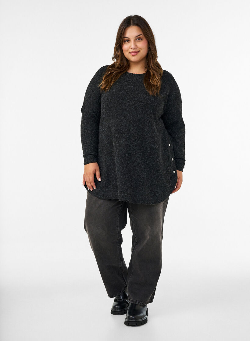 Lang strikkebluse med kuleknapper, Gr&aring;, Model image number 1