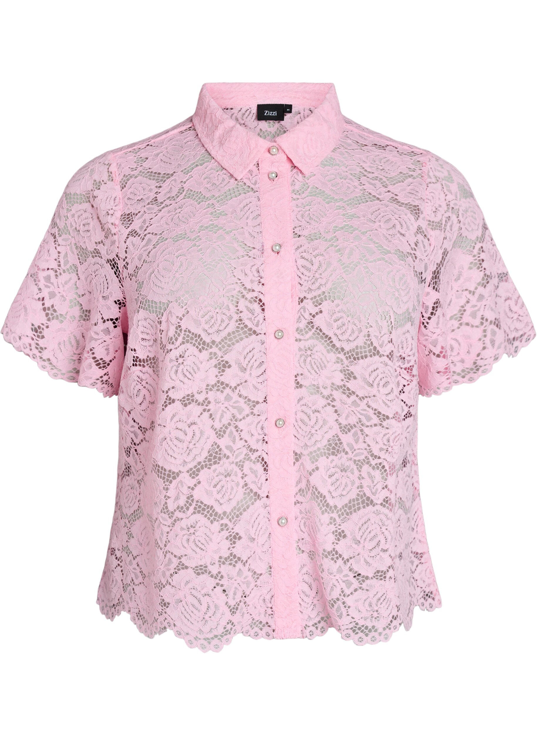 Zizzi Skjortebluse i blonde med perleknapper, Rosa, Packshot image number 0