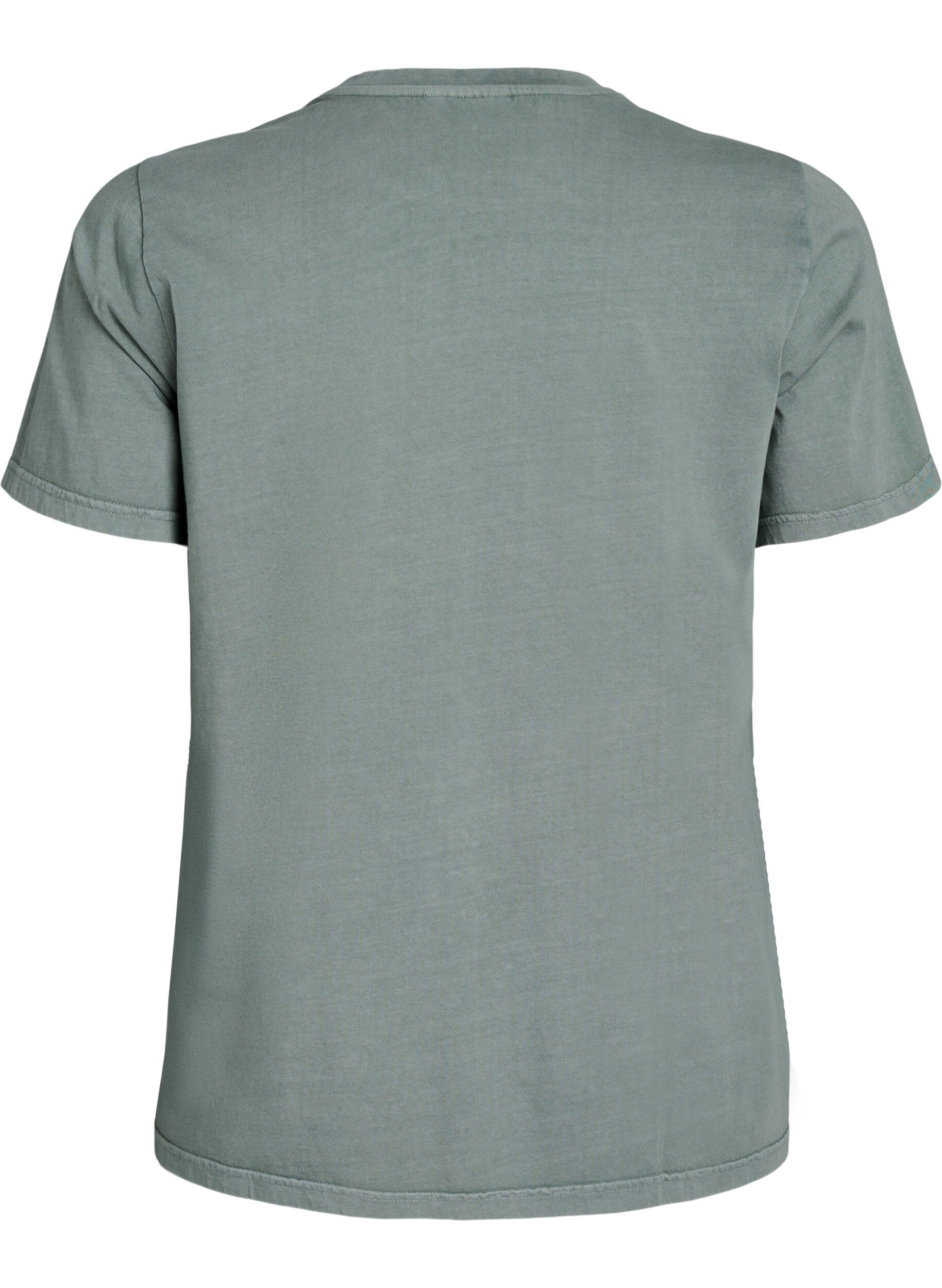 Zizzi T-skjorte i &oslash;kologisk bomull med tekst og blomstertrykk, Gr&oslash;nn, Packshot image number 1