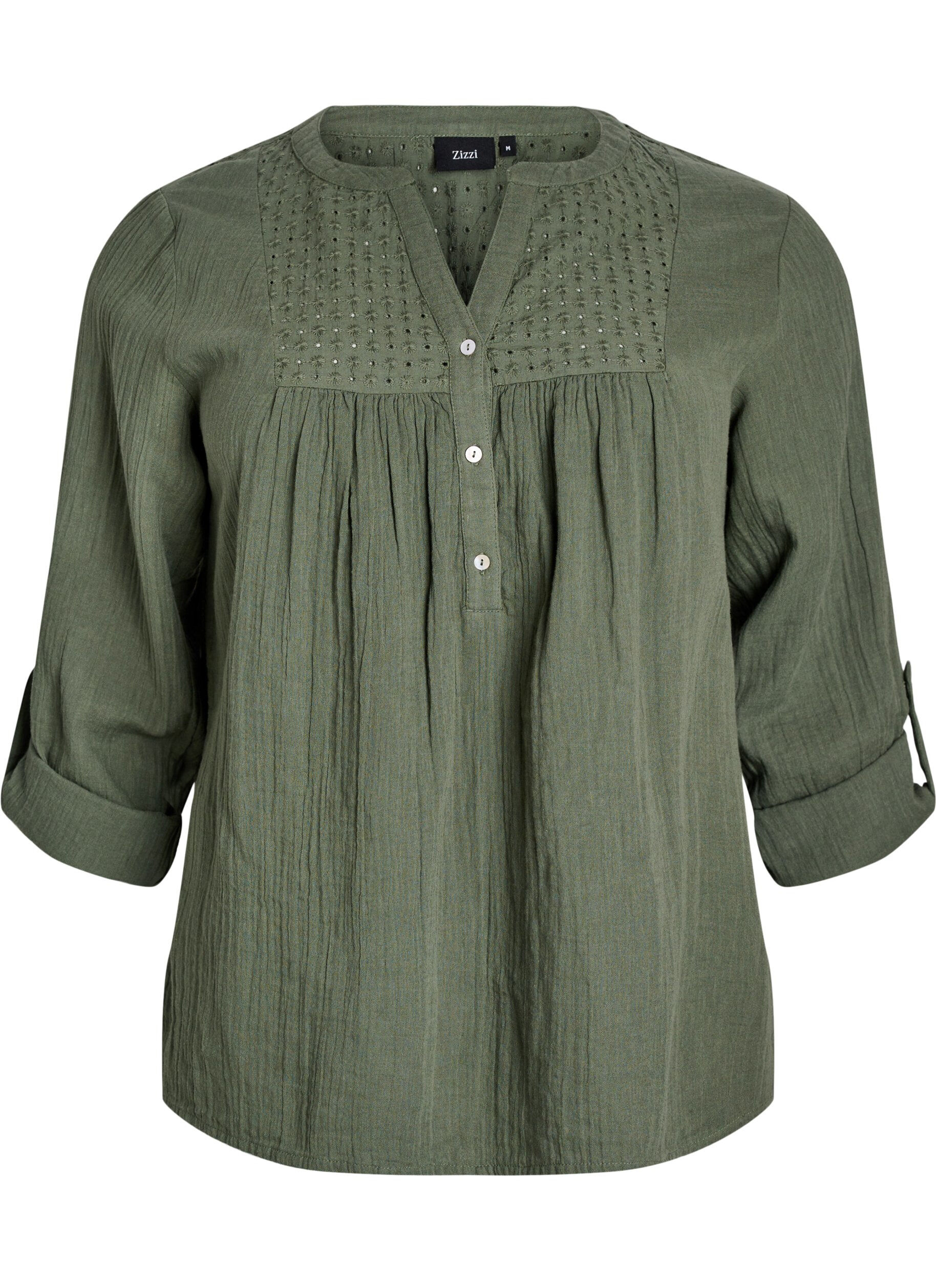 ZizziBluse i bomullsmuslin med broderi anglaise, Gr&oslash;nn, Packshot image number 0