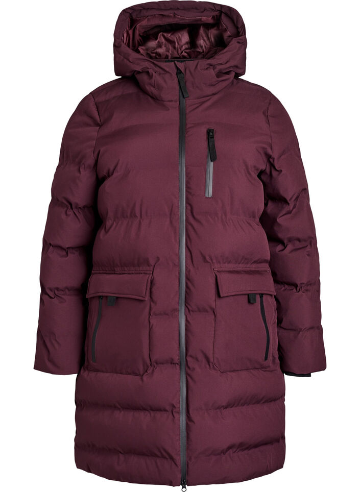Pufferjakke med hette og lommer, M&oslash;rk Bordeaux, Packshot image number 0