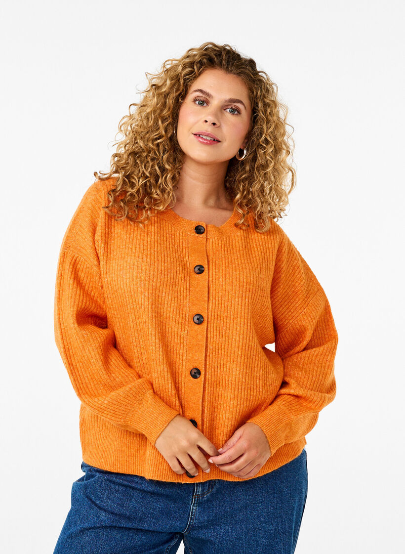 Ribbestrikket cardigan med knapper, Orange, Model image number 0