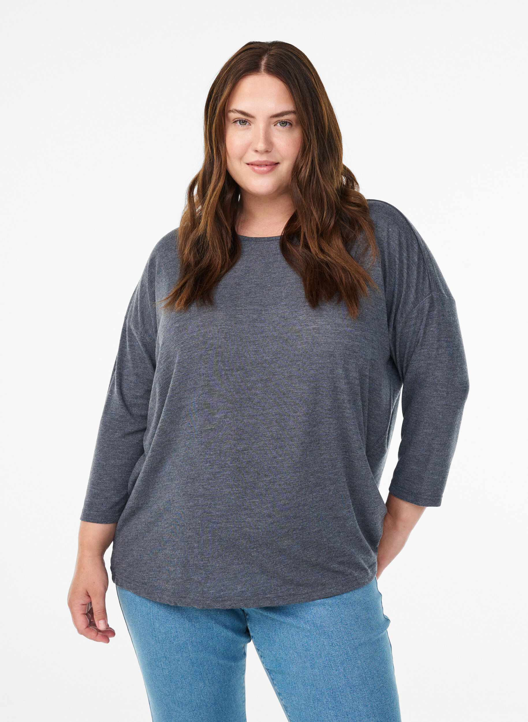 Zizzi FLASH &ndash; Jersey bluse med 3/4 ermer, Gr&aring;, Model image number 0