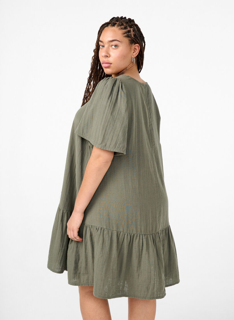 Kortermet kjole i bomull med A-linjeformet snitt, Thyme, Model image number 1