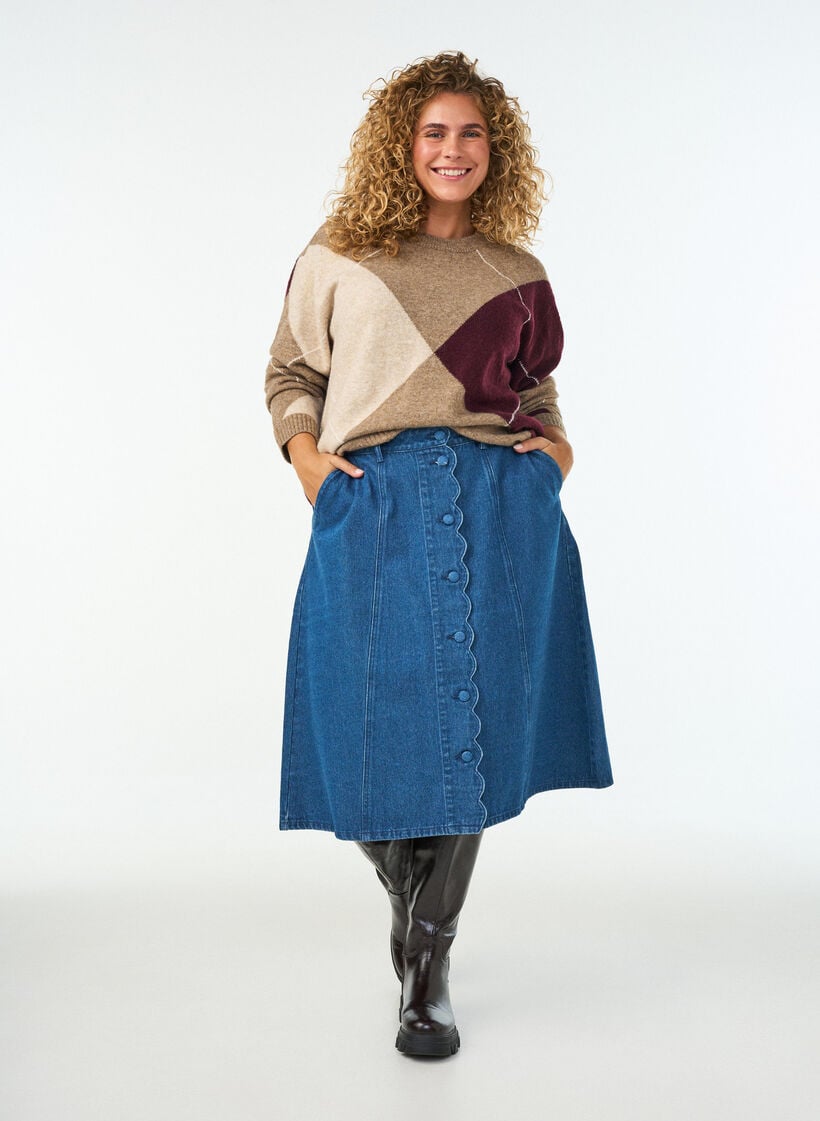 A-formet denimskj&oslash;rt med b&oslash;lgete knappestolpe, Bl&aring;, Model image number 0