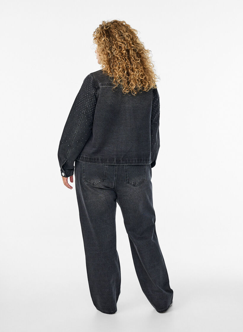 Straight fit jeans med rhinesteiner og høy midje, Grå, Model image number 1