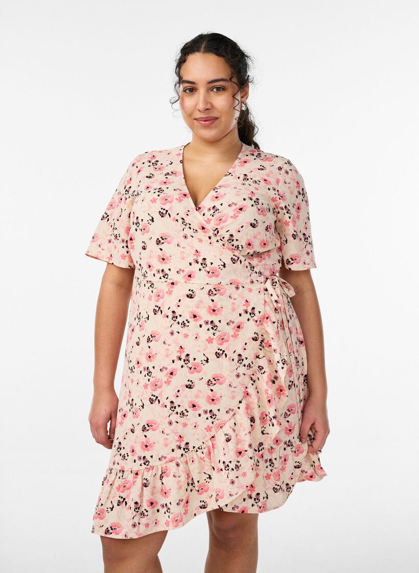 Blomstret omslagskjole med korte ermer, R&oslash;d, Model image number 0