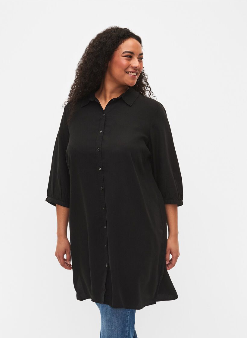 Lang skjorte med 3/4-ermer i lyocell (TENCEL™), Black, Model image number 0