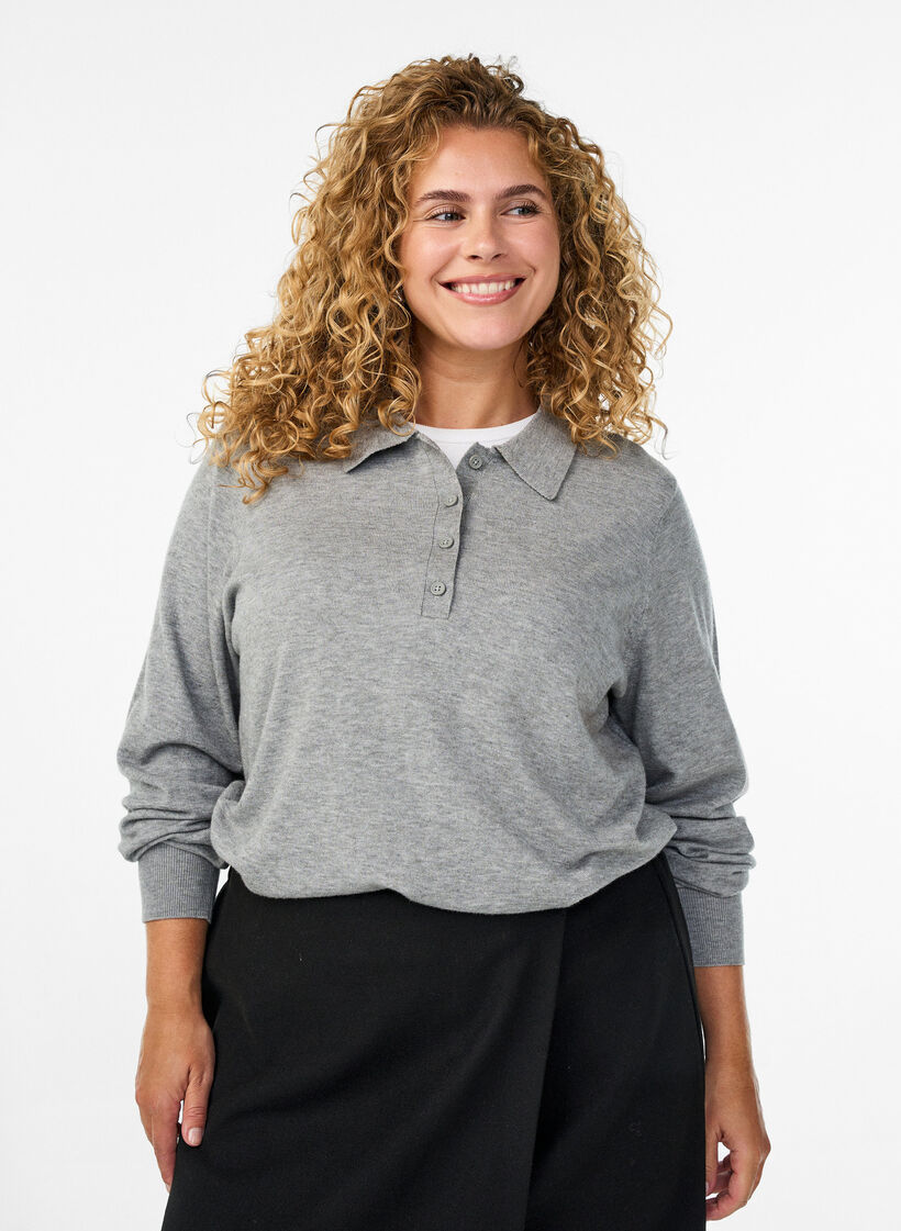 Strikkeplagg med krage, Light Grey Melange, Model