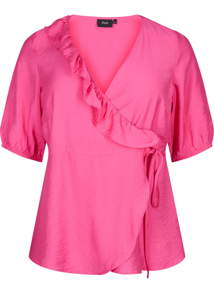 wrap Bluse i viskose med 1/2 ermer, Beetroot Purple, Packshot image number 0