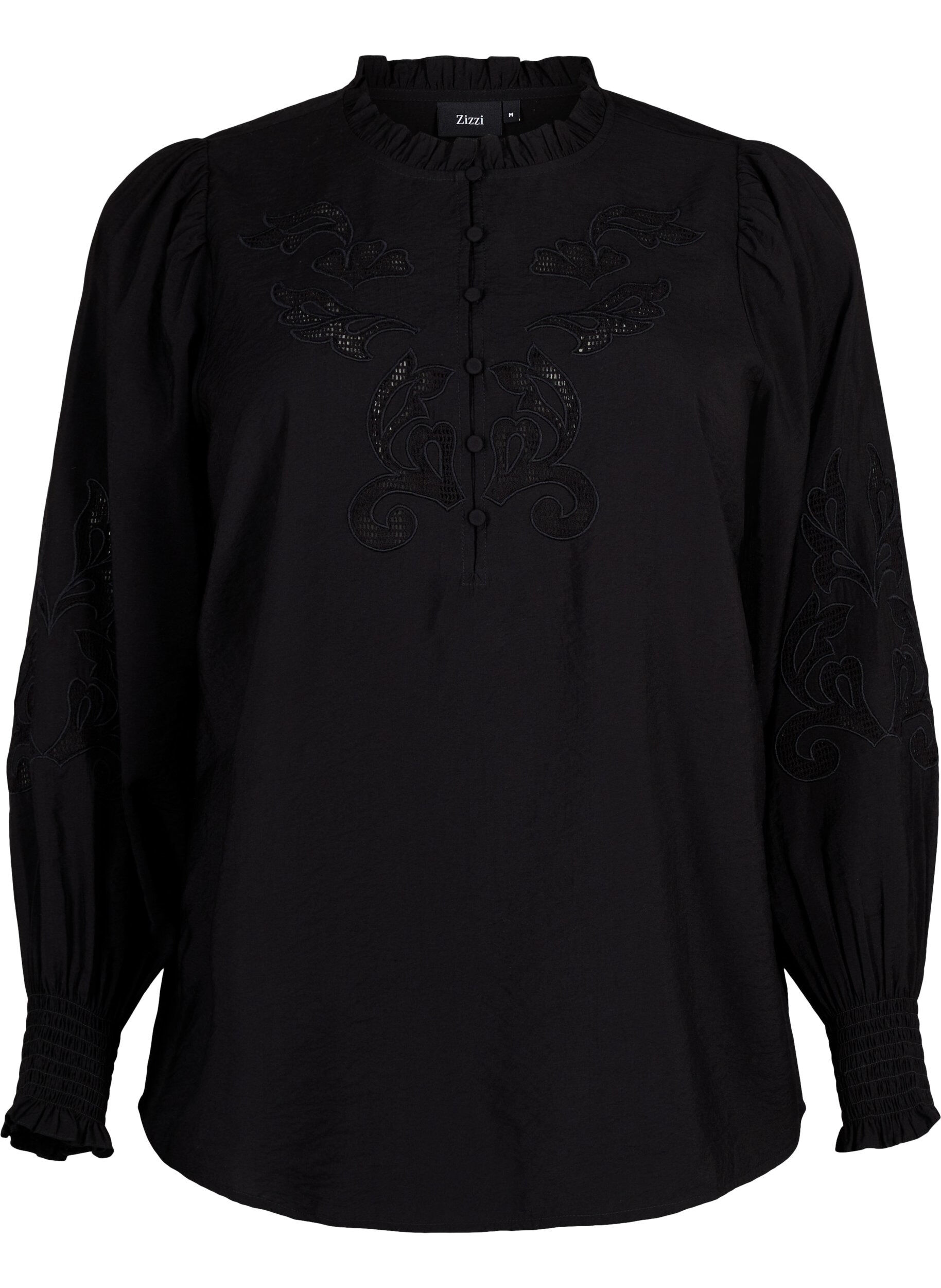 Zizzi Bluse med volanger og broderi anglaise, Black, Packshot image number 0
