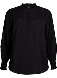 Bluse med volanger og broderi anglaise, Black