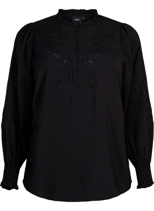 Zizzi Bluse med volanger og broderi anglaise, Black, Packshot image number 0