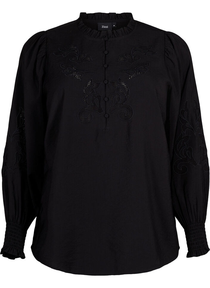 Bluse med volanger og broderi anglaise, Black, Packshot image number 0