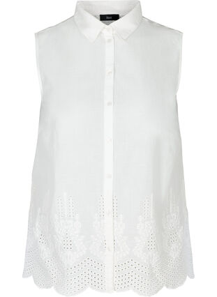 Bomullsskjorte uten ermer med broderi anglaise, Bright White, Packshot image number 0