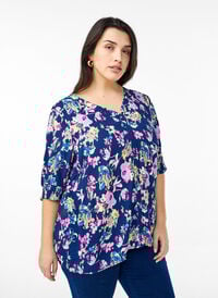 Kortermet viskosebluse, Blå Kortermet viskosebluse, Blå, Model
