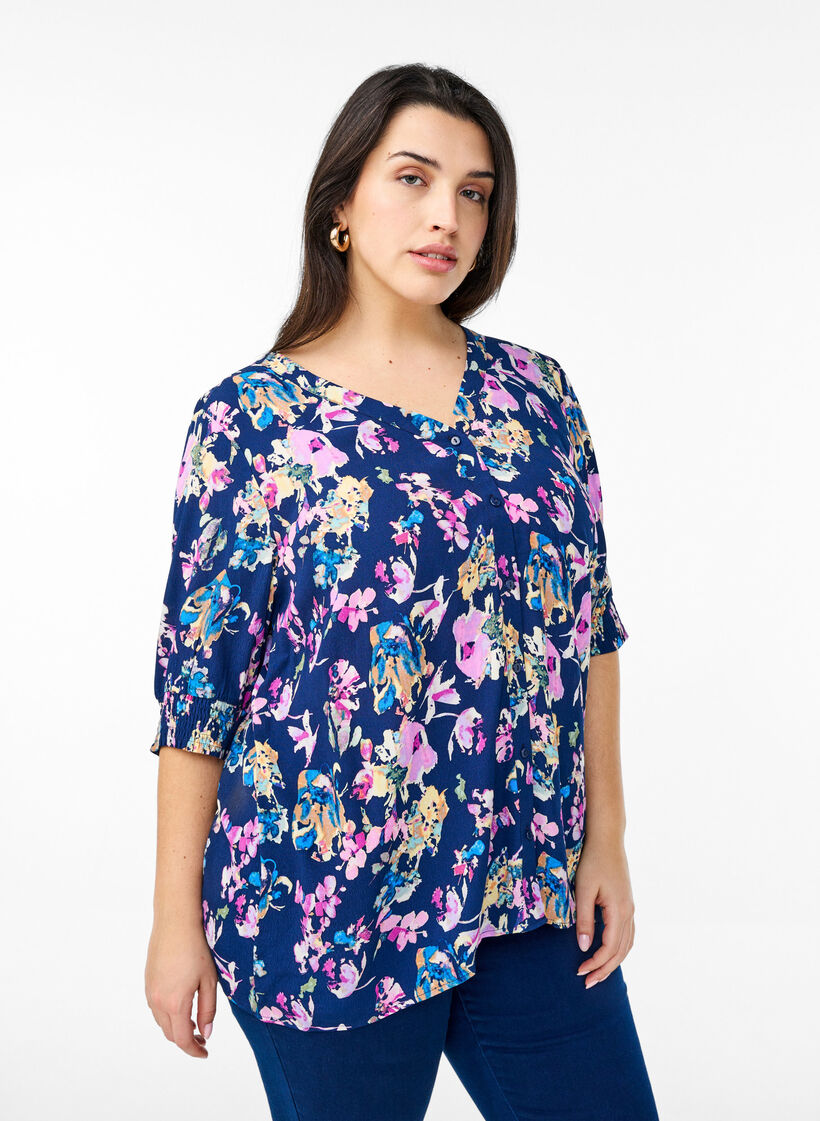 Kortermet viskosebluse, Blå, Model image number 0