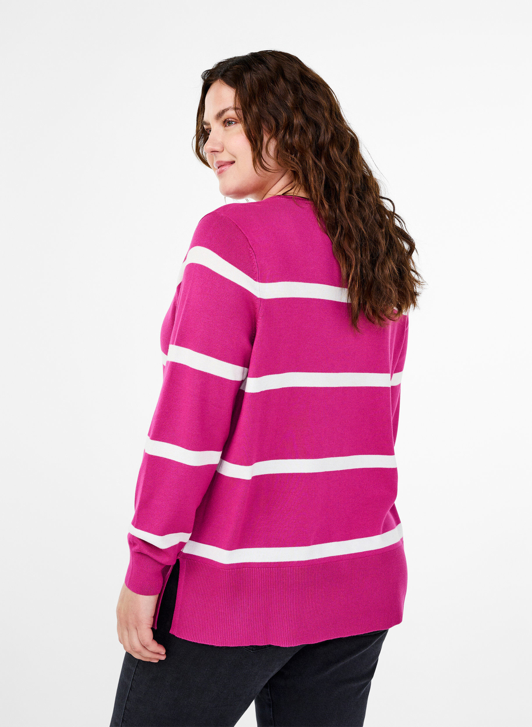 Zizzi Strikket viskosebluse med striper, Rosa, Model image number 2