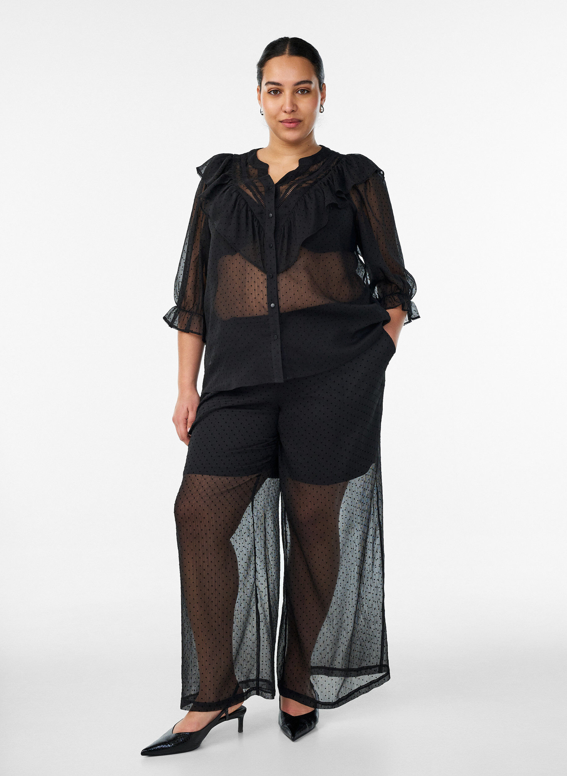 Loose fit chiffongbukser med prikker, Svart, Model