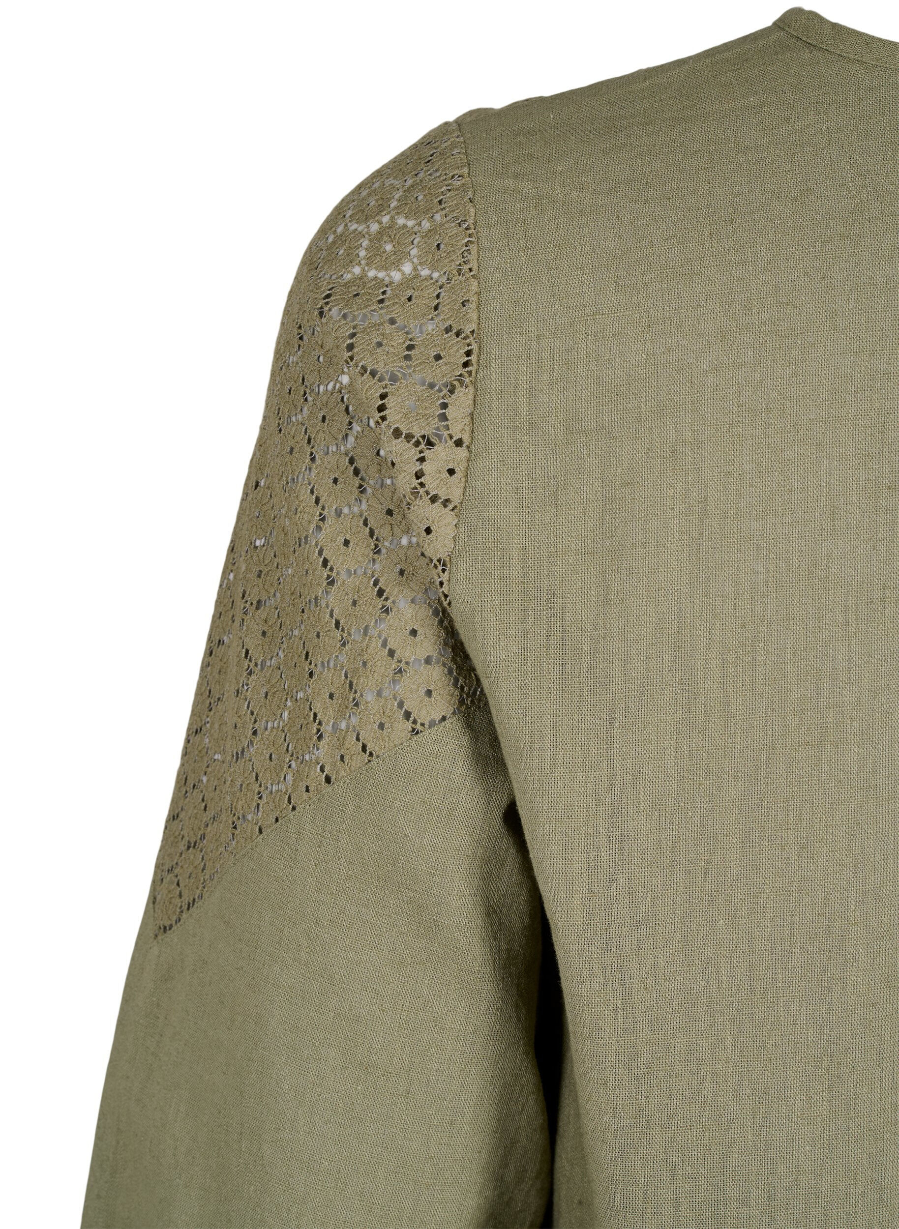 Zizzi Bluse i bomullsblanding med lin og heklede detaljer, Deep Lichen Green, Packshot image number 3