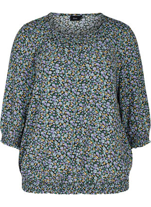 Blomstrete bluse med smock, Black AOP, Packshot image number 0