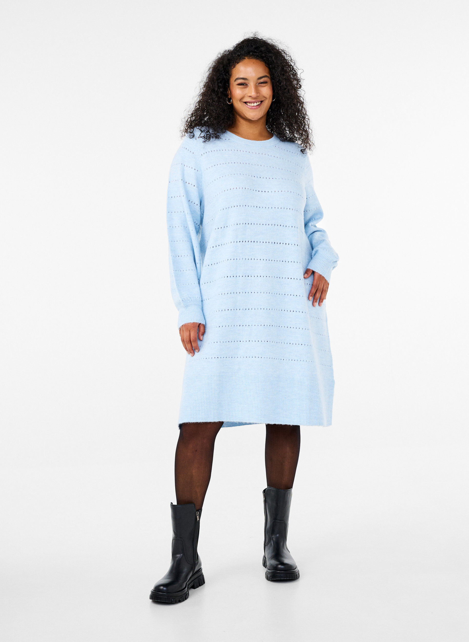 Zizzi Strikket kjole med splitter og hulm&oslash;nster, Cashmere Blue Mel., Model image number 2
