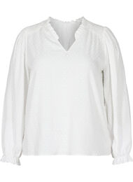 Langermet bluse med smock- og volangdetaljer, Bright White