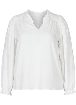 Langermet bluse med smock- og volangdetaljer, Bright White, Packshot image number 0