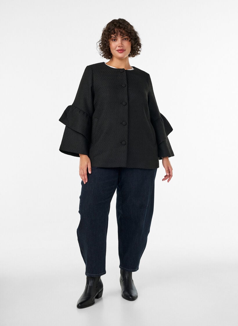 Boucl&eacute; jakke med rysjedetaljer, Svart, Model image number 1