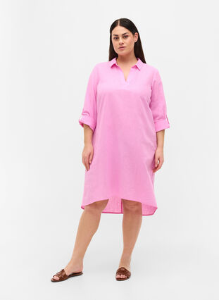 Stripet kjole i bomull og lin, Begonia Pink, Model image number 2
