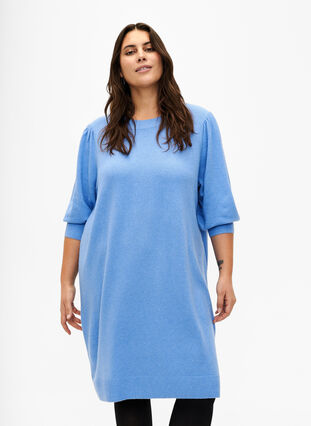 Strikket kjole med 3/4 puffermer, Blue B. /White Mel., Model image number 0
