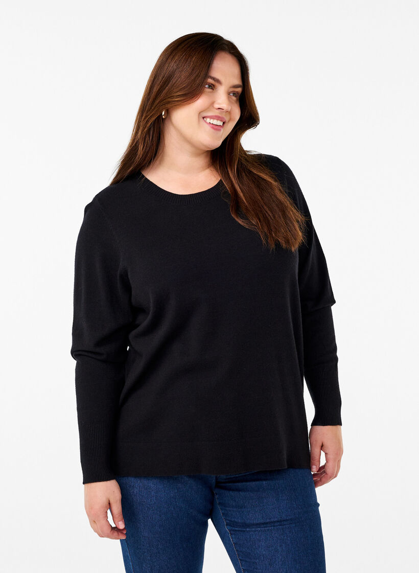 Strikket bluse med rund hals, Svart, Model image number 0