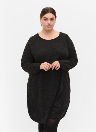 Melert strikket kjole med knapper, Dark Grey Melange, Model image number 0