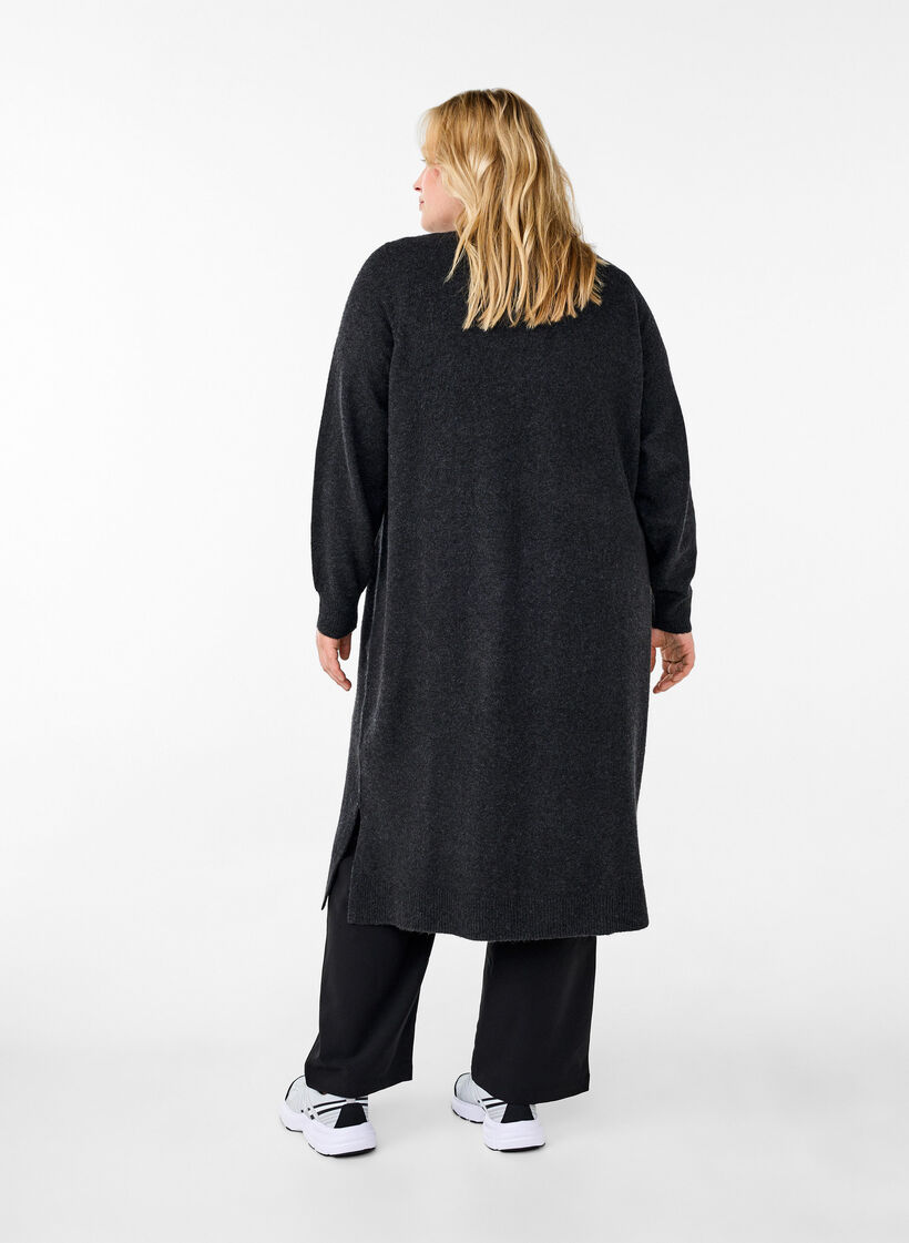 Lang strikket cardigan med lommer, Dark Grey Melange, Model image number 1